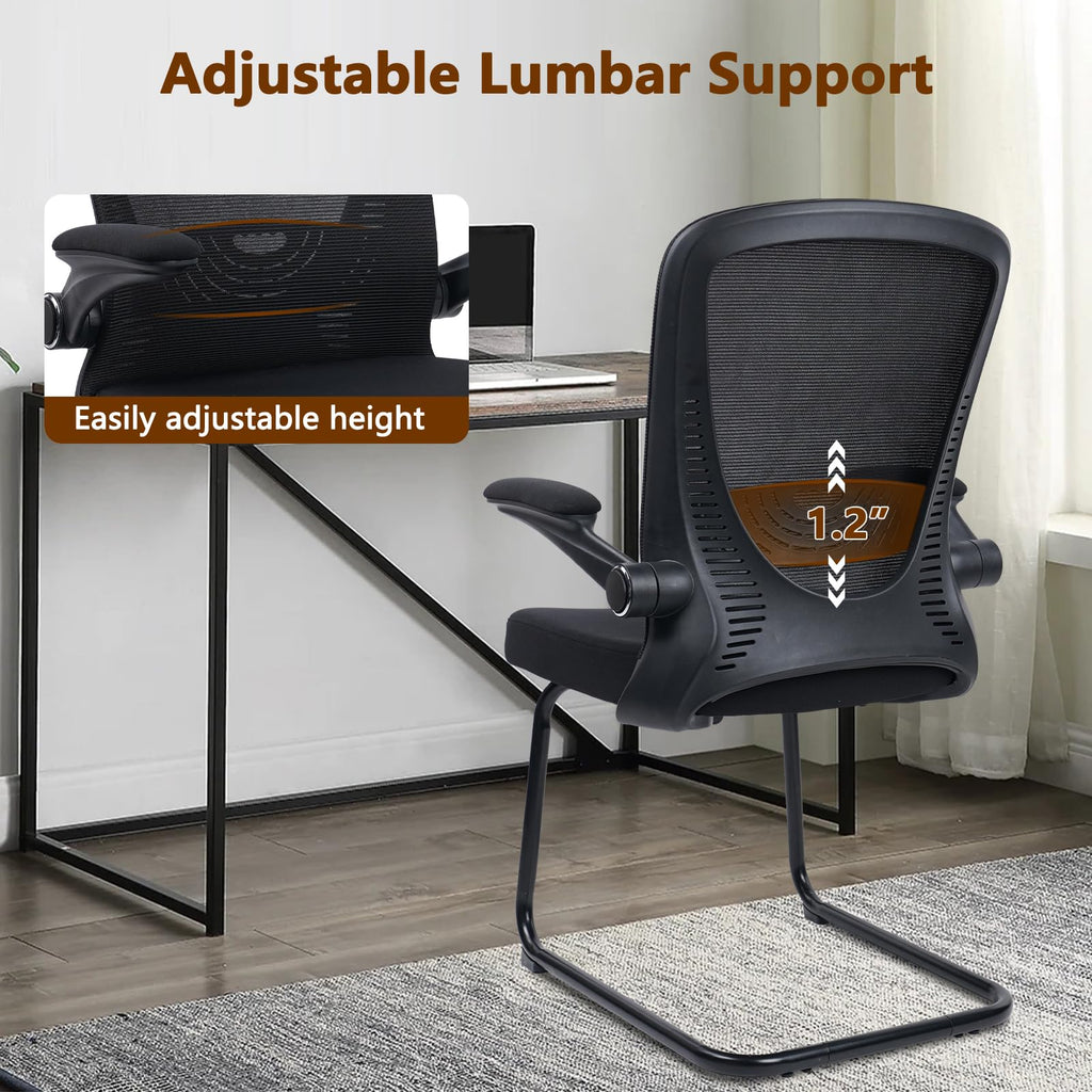 Black (2PK) Office Guest Chair no Wheels, Ergonomic Mesh Desk Chair Adjustable Lumbar Support and Flip Up Arms, Sled Base for Office Guest & Reception Chairs for Conference Room,