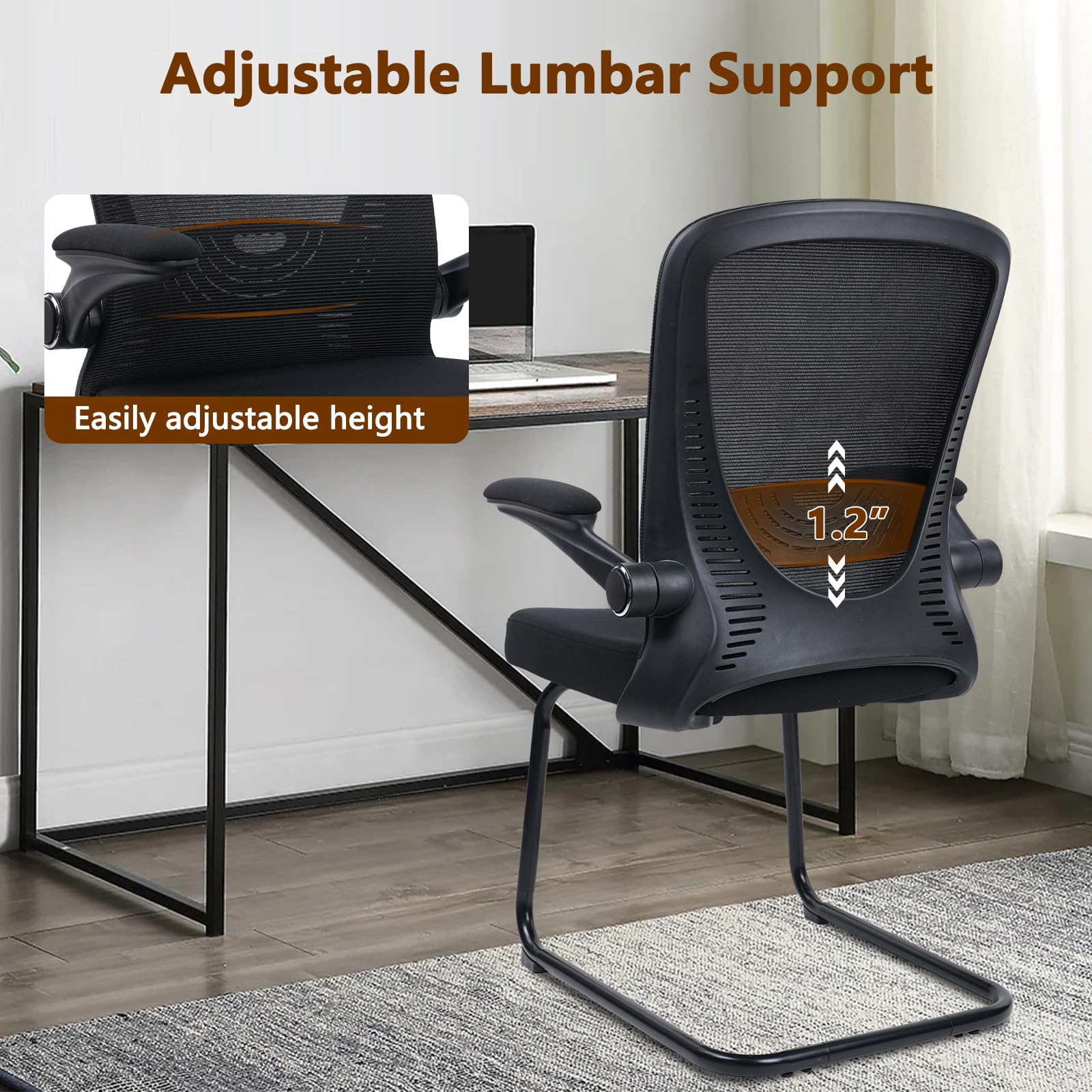 Black (8PK) Office Guest Chair no Wheels, Ergonomic Mesh Desk Chair Adjustable Lumbar Support and Flip Up Arms, Sled Base for Office Guest & Reception Chairs for Conference Room,