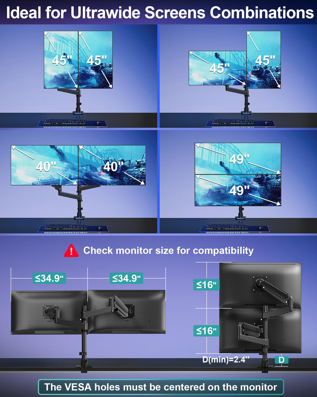 Dual Monitor Arm for Max 49" Ultrawide Screens up to 44 lbs, Heavy Duty Extra Tall Monitor Desk Mount, Vertical Stacked Adjustable Dual Monitor Mount, VESA Mount 75x75mm/100x100mm