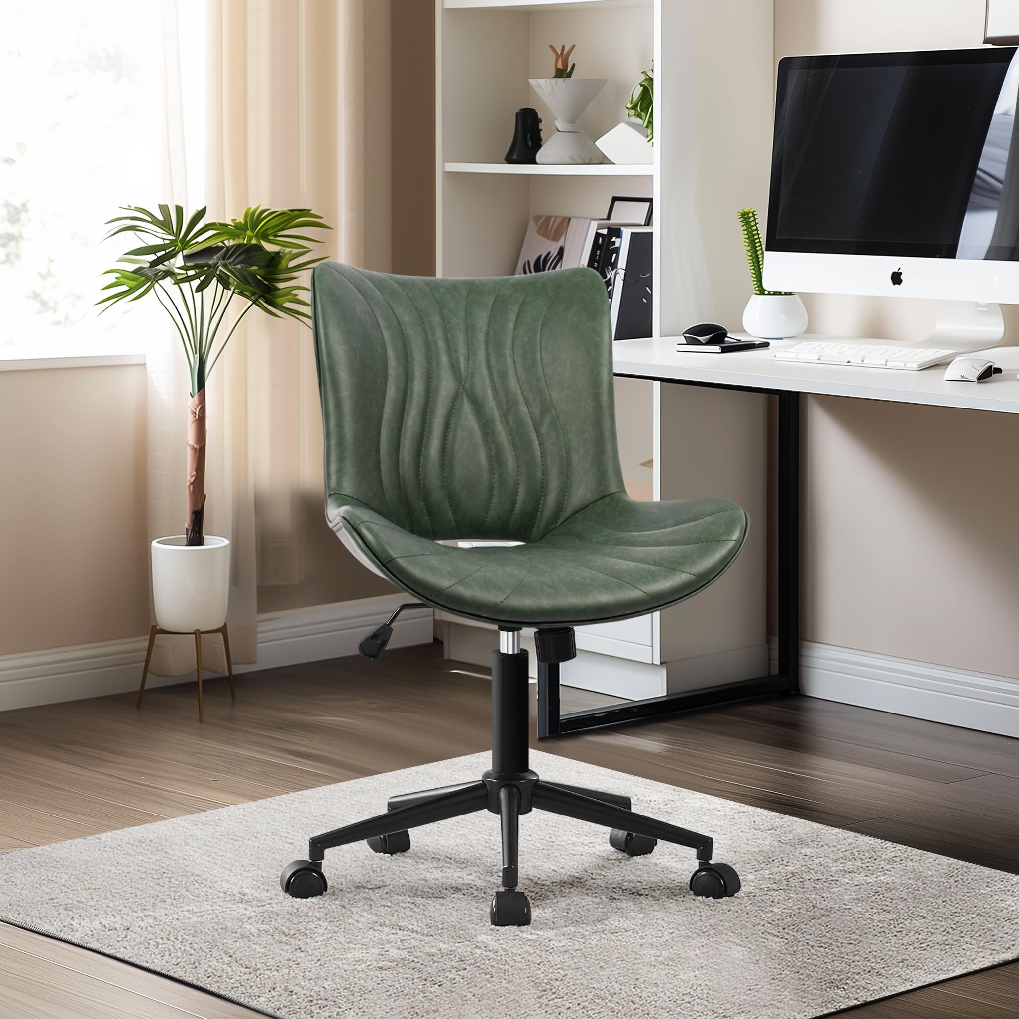 Armless Office Chair, Height Adjustable Desk Chair with Wheels, Ergonomic Comfy 360° Swivel Home Office Computer Task Chair, Faux Leather Padded Cute Vanity Chair,Green