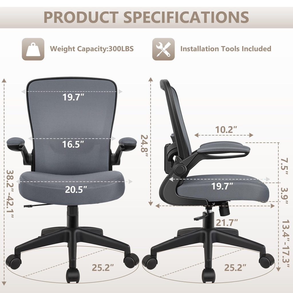 Office Chair, Ergonomic Desk Chair Breathable Mesh Chairs Adjustable High Back Lumbar Support Flip-up Armrests, Executive Rolling Swivel Comfy Computer Chairs Home Office Slate Gray
