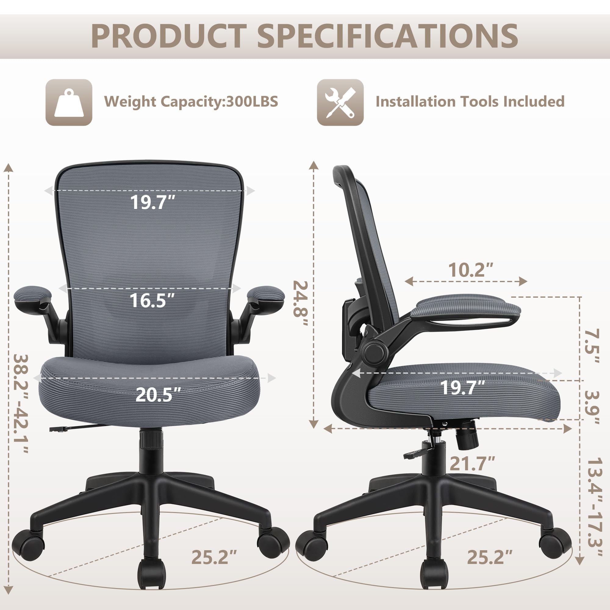 Office Chair, Ergonomic Desk Chair Breathable Mesh Chairs Adjustable High Back Lumbar Support Flip-up Armrests, Executive Rolling Swivel Comfy Computer Chairs Home Office Slate Gray