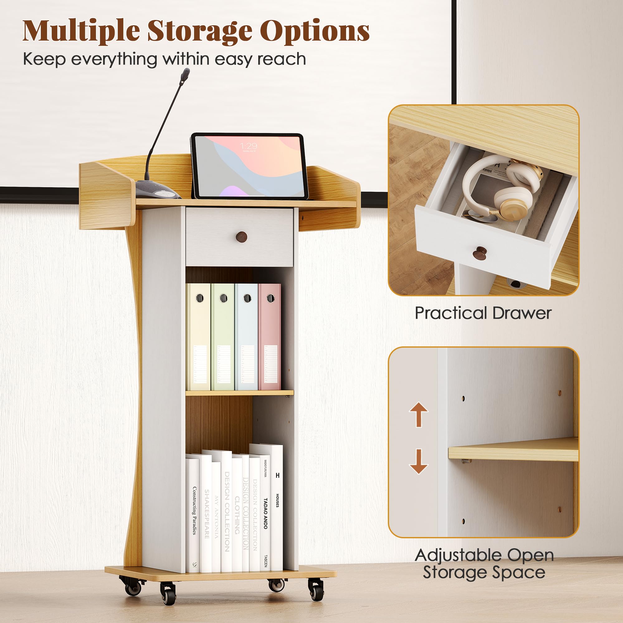 Podium Stand with Metal Wheels Wooden Teacher Lectern Portable Pulpit Standing with Drawer and Adjustable Shelf Mobile Rolling Reception Podiums for Church Office Classroom Lecture Meeting,White+Oak