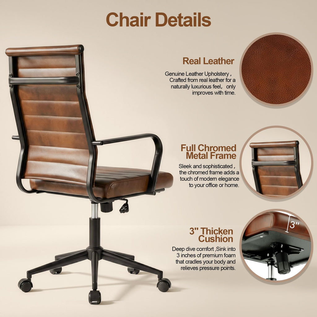 Leather Office Desk Chair, Mid-Century Modern Leather Conference Room Chairs, Ergonomic Executive Ribbed Height Adjustable Swivel Rolling Chair for Home Office.
