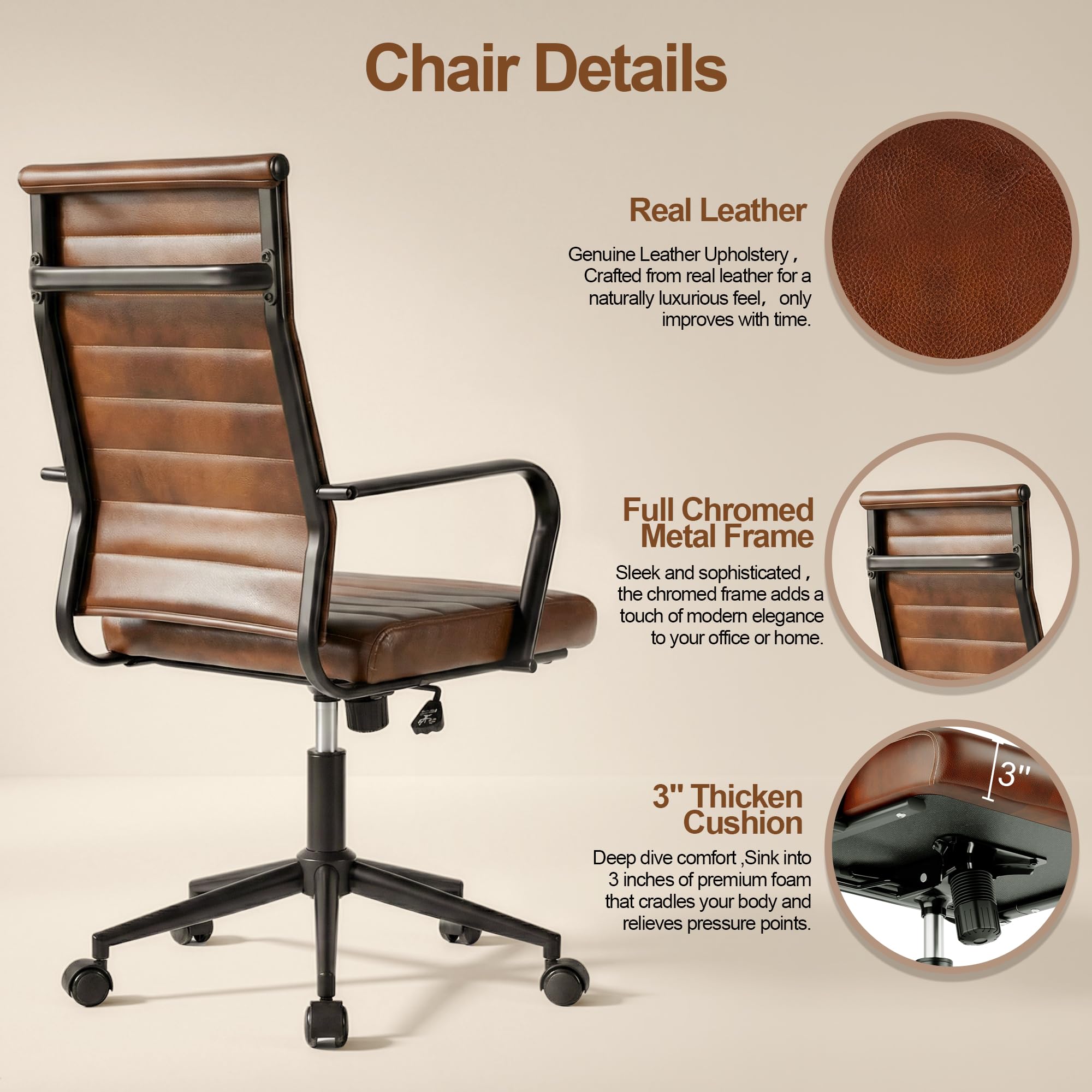 Leather Office Desk Chair, Mid-Century Modern Leather Conference Room Chairs, Ergonomic Executive Ribbed Height Adjustable Swivel Rolling Chair for Home Office.