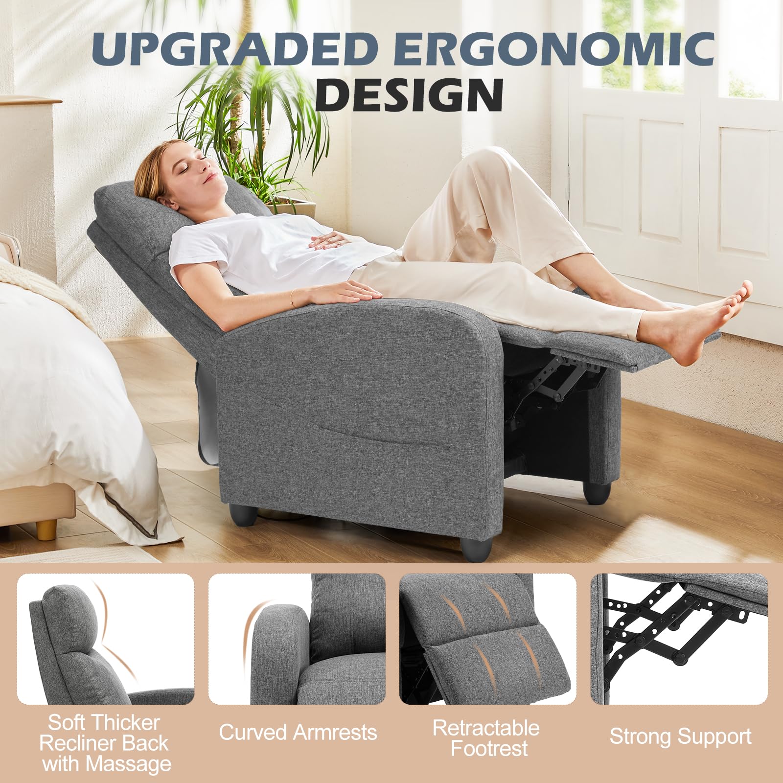 Massage Recliner Chair for Adults, Adjustable Home Theater Seating with Lumbar Support for Living Room, Modern Fabric Reclining for Small Space, Grey
