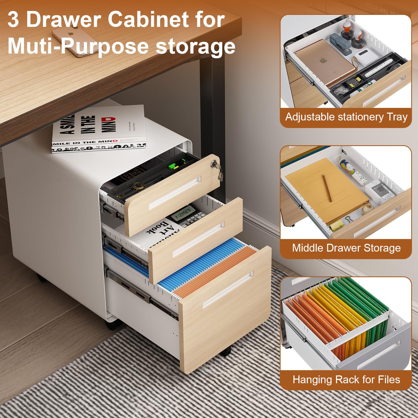 3 Drawer File Cabinet for Office, Under Desk Mobile Filing Cabinet with Lock for A4/Letter/Legal Size, 5 Wheel Anti-tilt Rolling File Cabinets, Fully Assembled