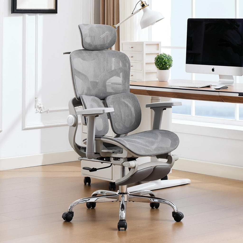 Ergonomic Mesh Office Chair with 2-Zone Lumbar Support and Footrest,Grey
