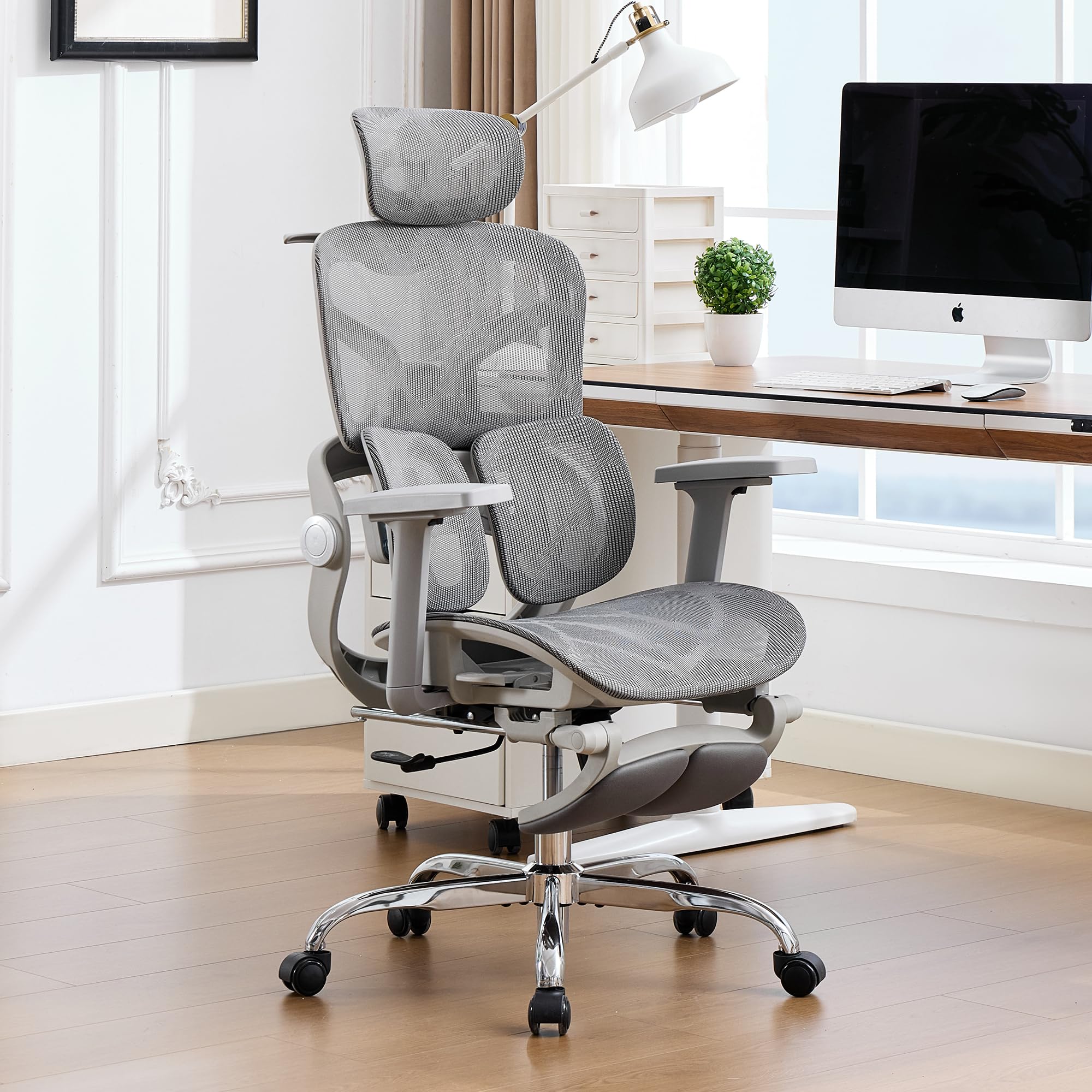 Ergonomic Mesh Office Chair with 2-Zone Lumbar Support and Footrest,Grey