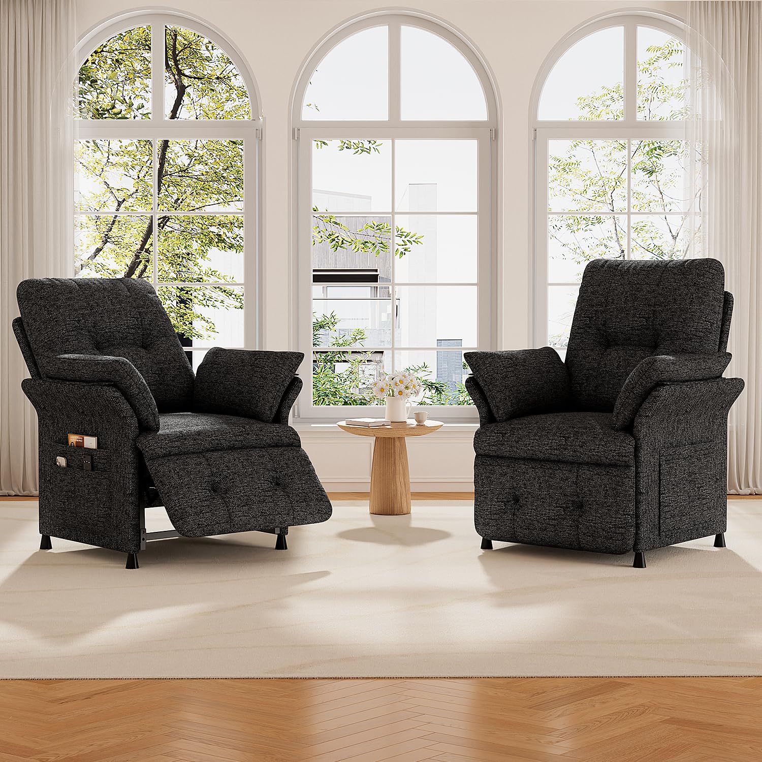 Power Recliner Chair for Adults with Heat & Massage - Linen Electric Reclining Sofa with Remote Control, 3 Side Pockets, 180° Lay Sleeper for Home Theater Living Room, Dark Grey