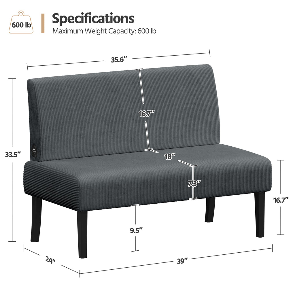 Small Comfy Sofa Mini Loveseat Couch 2-Seater Armless Sofa Chair, Corduroy Fabric & Easy Assembly, for Small Spaces Living Room,Bedroom,Dorm,Office, Dark Grey