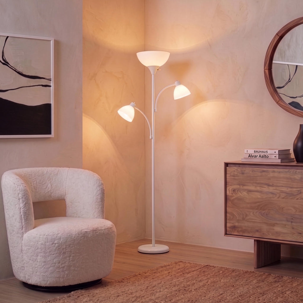 Sky Dome Double – High Brightness Torchiere Floor Lamp with 2 Reading Lights for Living Rooms, Bedrooms – Replace Halogen Standing Lamps with Efficient LED Office Lighting - Tall White Pole