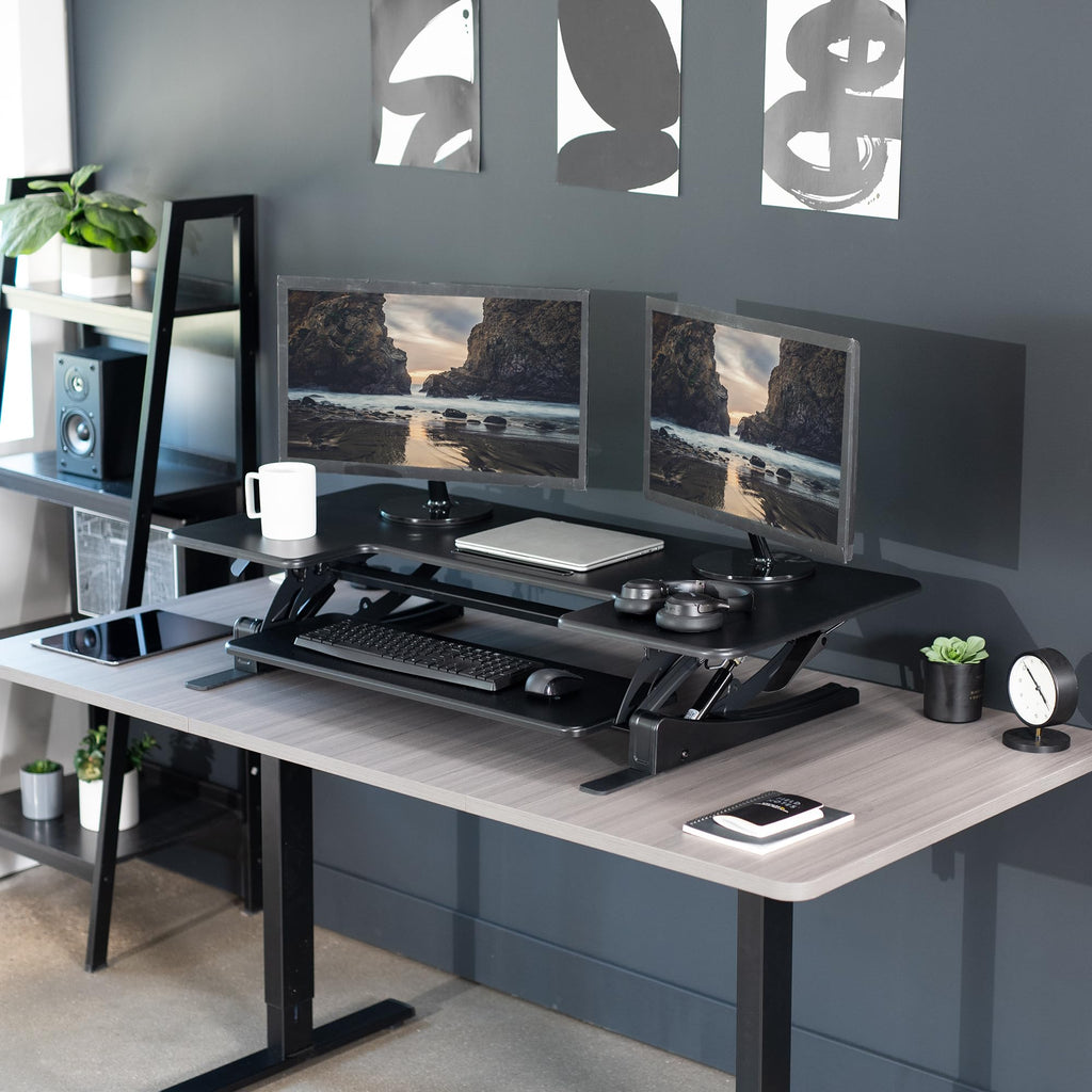 48 inch Height Adjustable Large Stand Up Desk Converter, V Series, Quick Sit to Stand Tabletop Dual Monitor Riser Workstation, Black