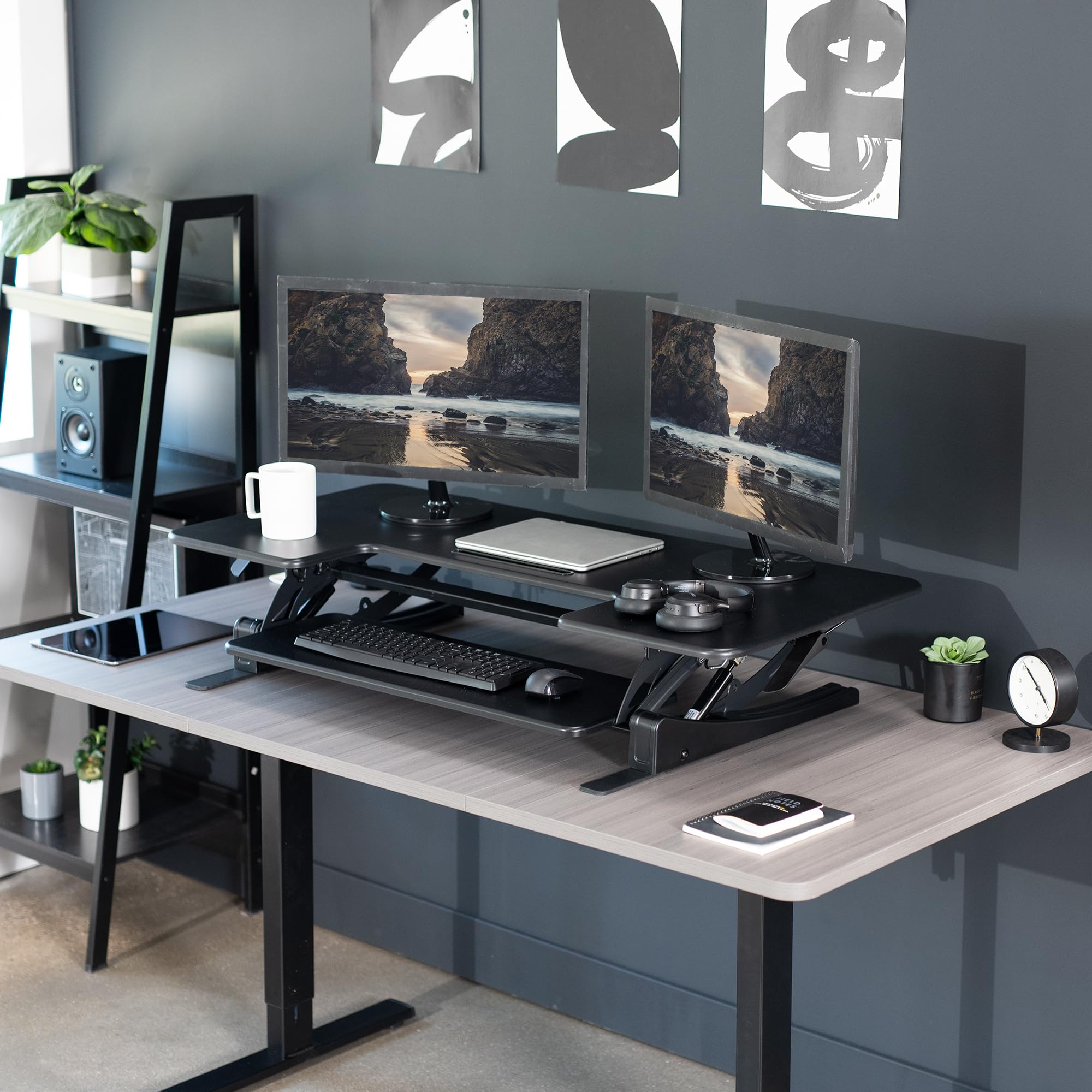 48 inch Height Adjustable Large Stand Up Desk Converter, V Series, Quick Sit to Stand Tabletop Dual Monitor Riser Workstation, Black
