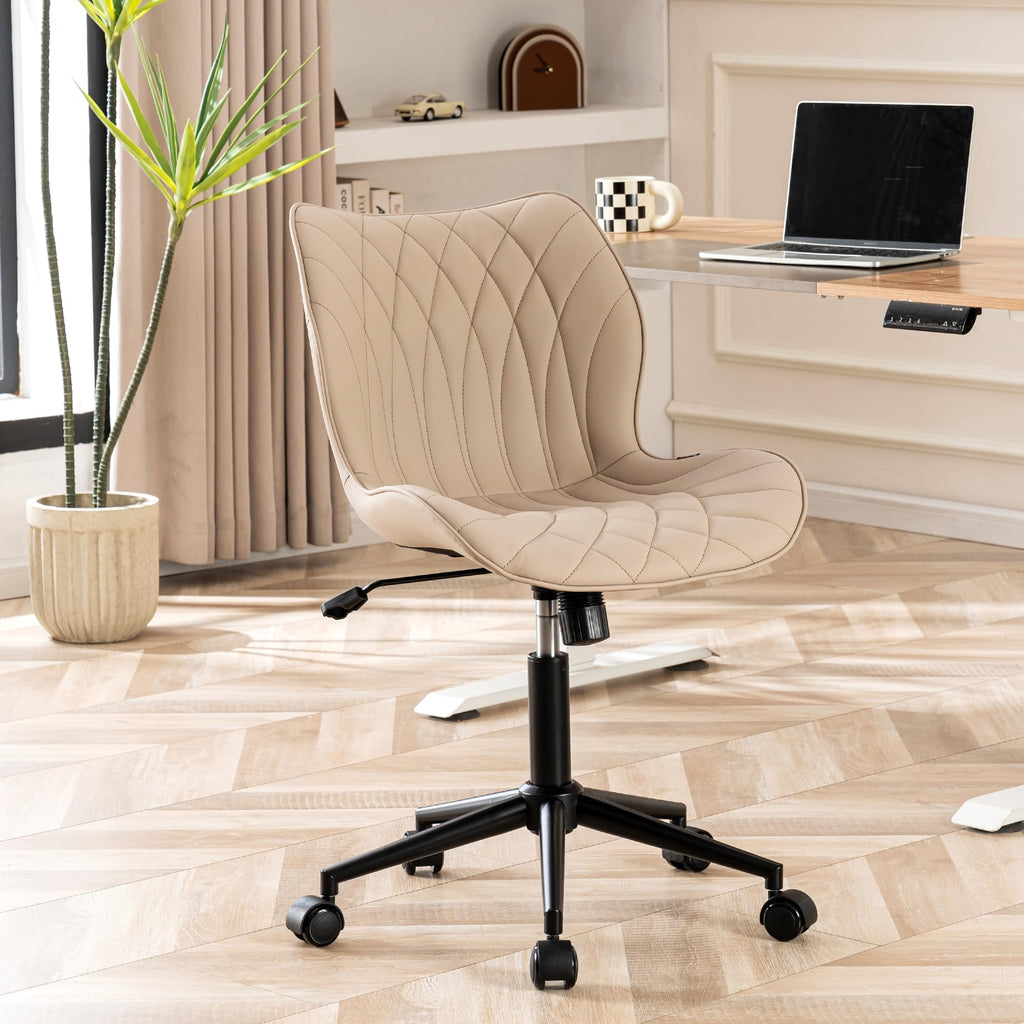 Armless Desk Chair Comfy Office Chair with Wheels Home Ergonomic Task Chair Adjustable Computer Chairs Modern Faux Leather Swivel Chair Upholstered Makeup Vanity Chair with Back(Khaki)