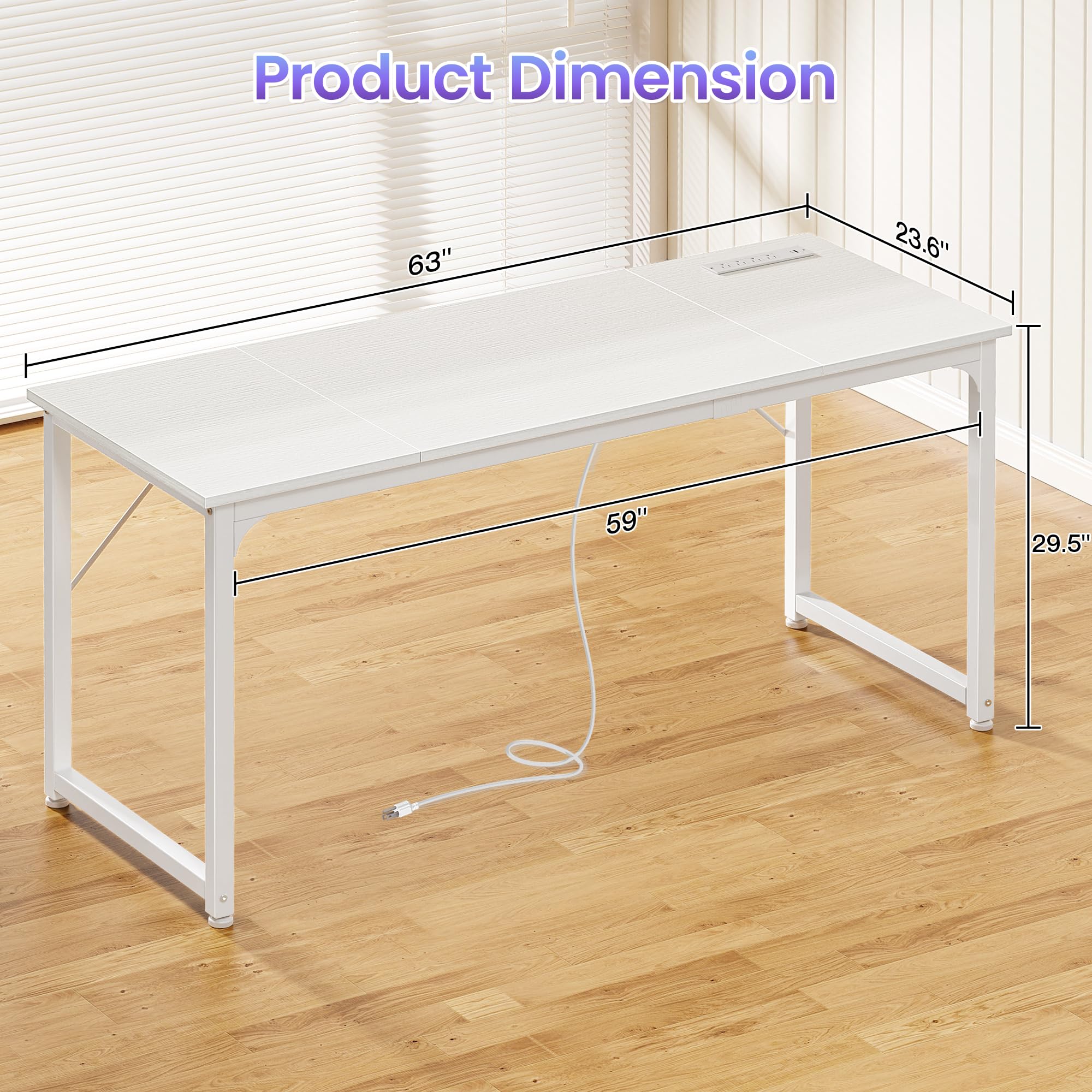 63 X 24 Inch Office Computer Desk with Power Outlets and USB-C Port, Larger and Longer Gaming Desk, for Home Office, Study, Writing Work from Home Table, Metal Frame, Rustic Brown