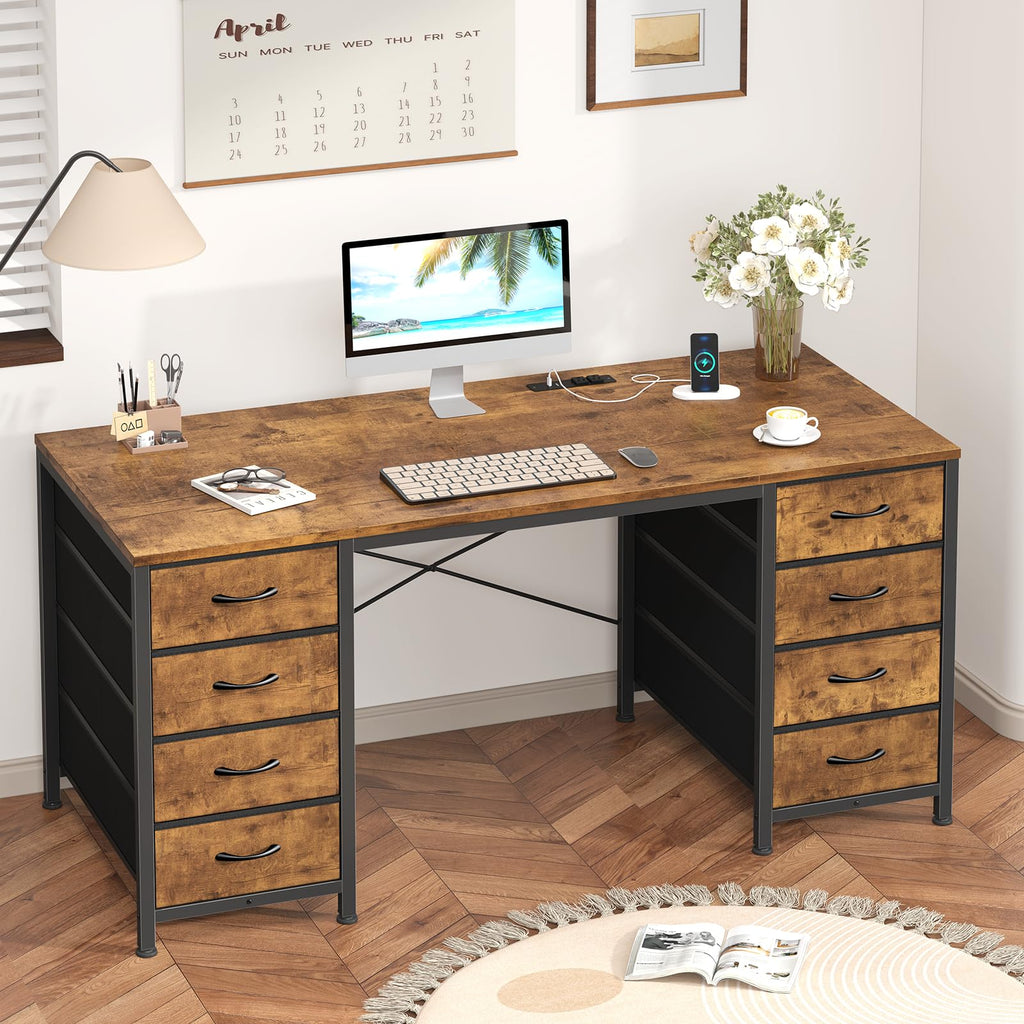 50 Inch Computer Desk with 8 Drawers, Home Office Desk with Power Outlets, Work Study Gaming Desk with 8 Fabric Drawers, Rustic Brown