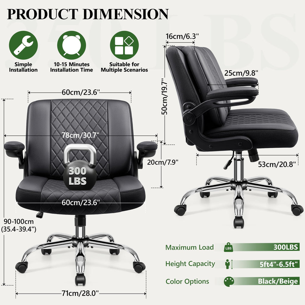 Criss Cross Office Chair with 2-in-1 Flip Backrest – Ergonomic PU Leather Floor Sitting Chair, Adjustable Height, 360° Swivel & Flip-Up Arms, Extra-Wide Seat for Home Office, Vanity, Nail Salon-Black