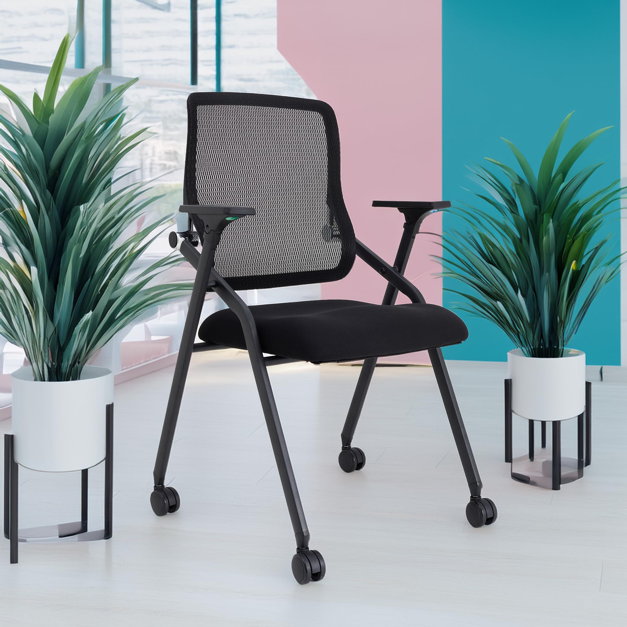 4 Pack Black, Updated Conference Room Chairs, Folding Office Desk Chair with Lumbar Support and Sliding Armrest with Casters, Stackable Office Guest Chairs & Reception Chairs