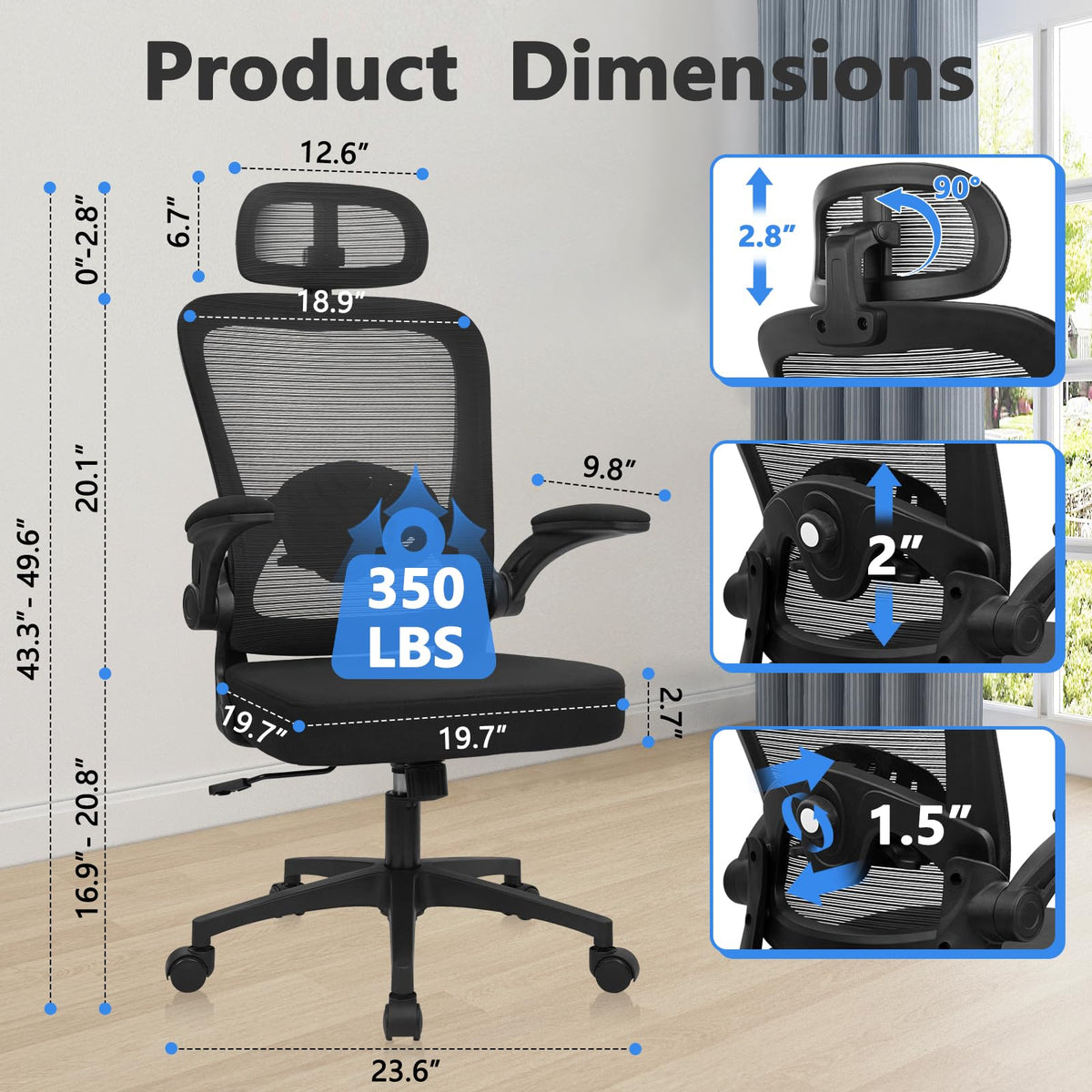 Desk Chairs with Wheels, Ergonomic Mesh Back Home Office Chair with Headrest, Adjustable Lumbar Support Swivel Rolling Computer Chairs with Flip Up Armrests for Conference Meeting Room, Black