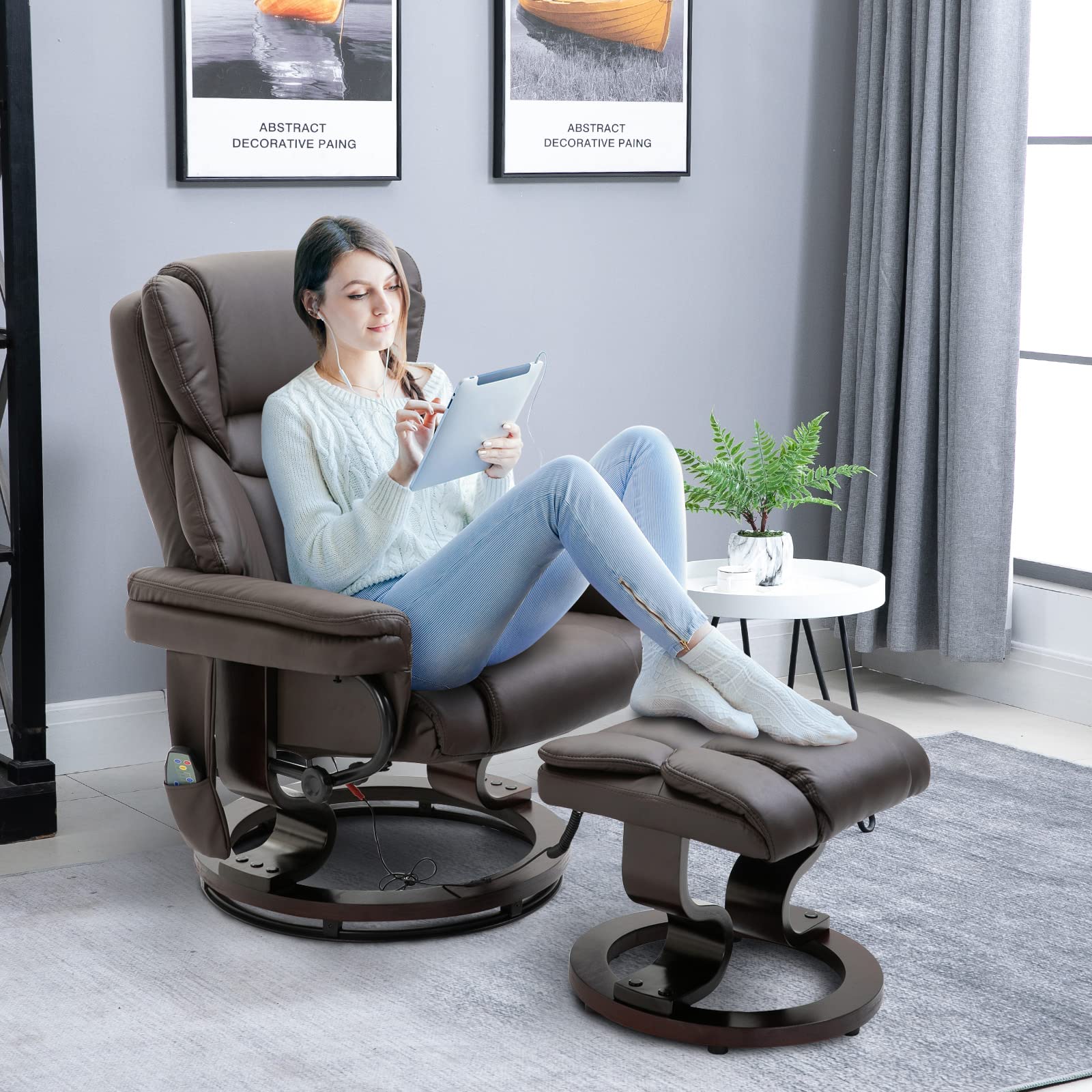 Recliner Chair with Ottoman Footrest, 10 Vibration Points, 360° Swivel Reclining Chair, Faux Leather Living Room Chair with Side Pocket and Remote Control, Brown