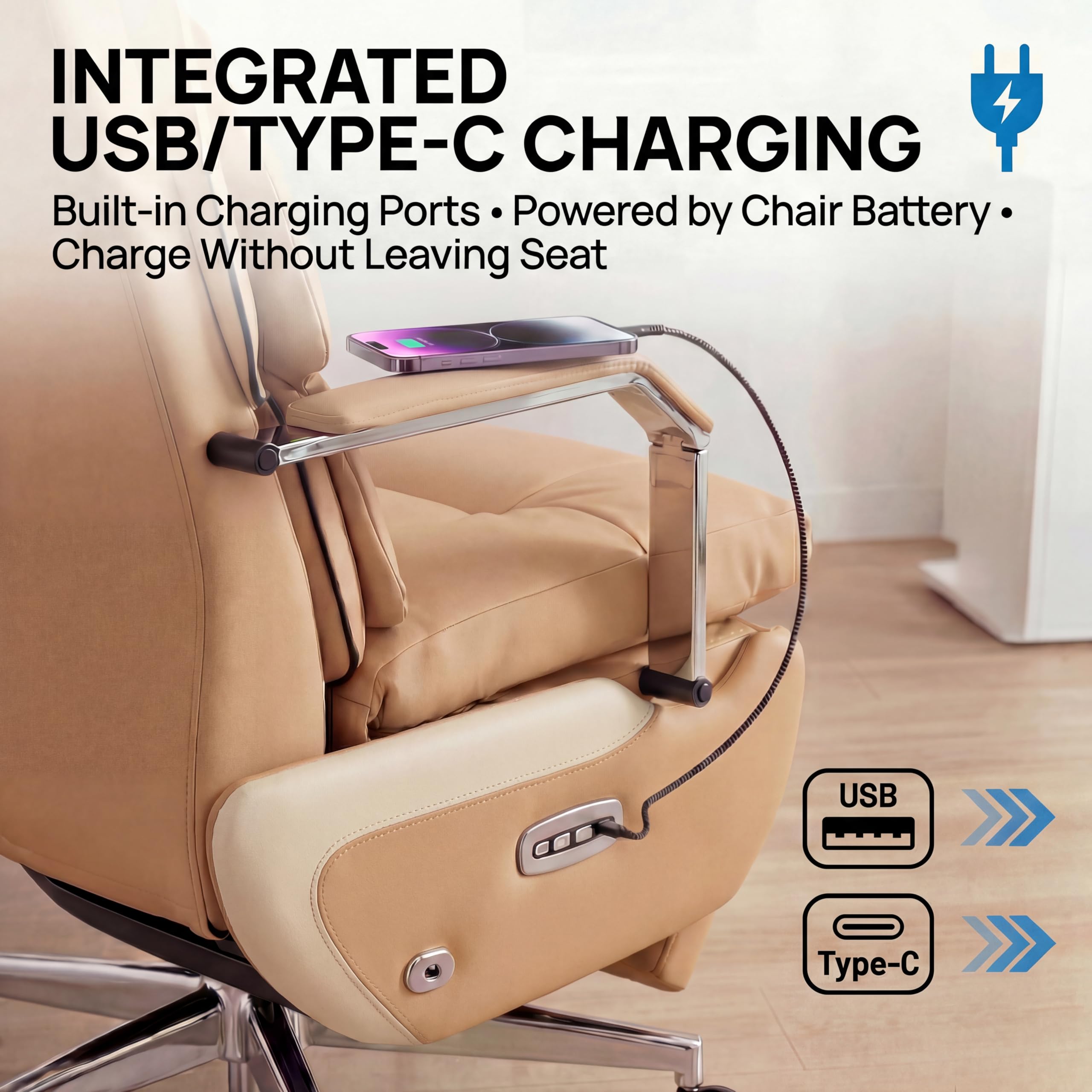 Dual Motor Executive Reclining Office Chair with Footrest – One-Click Electric Recline, Massage Lumbar Support & Pillow, Big and Tall PU Leather Ergonomic Desk Chair for Home Office/Gaming(Brown)
