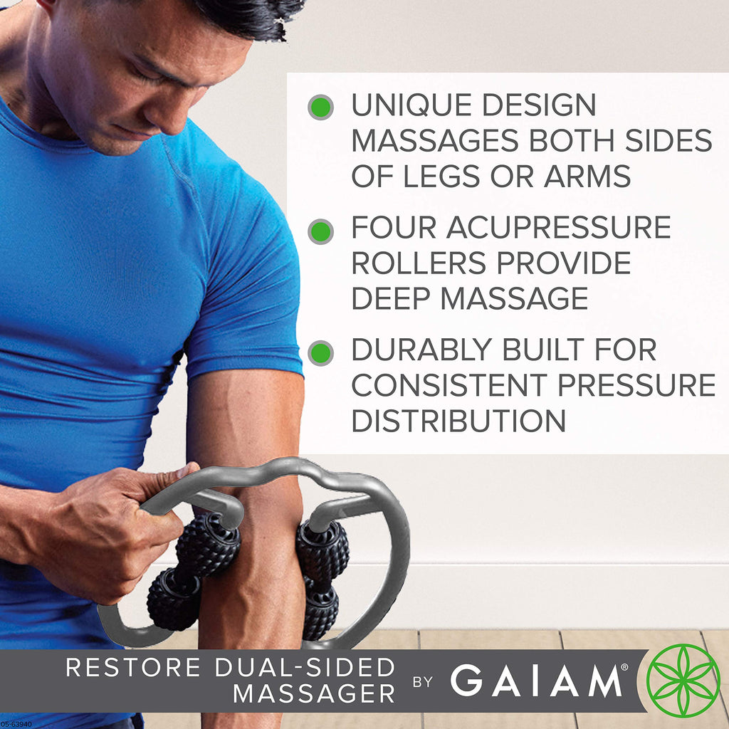 Restore Leg Massager - Dual Sided Hand Held Muscle Massage Roller with 4 Textured Massage Balls & Firm Grip Handles | Deep Tissue Pain Relief for Sore Muscles to Aid Recovery Time