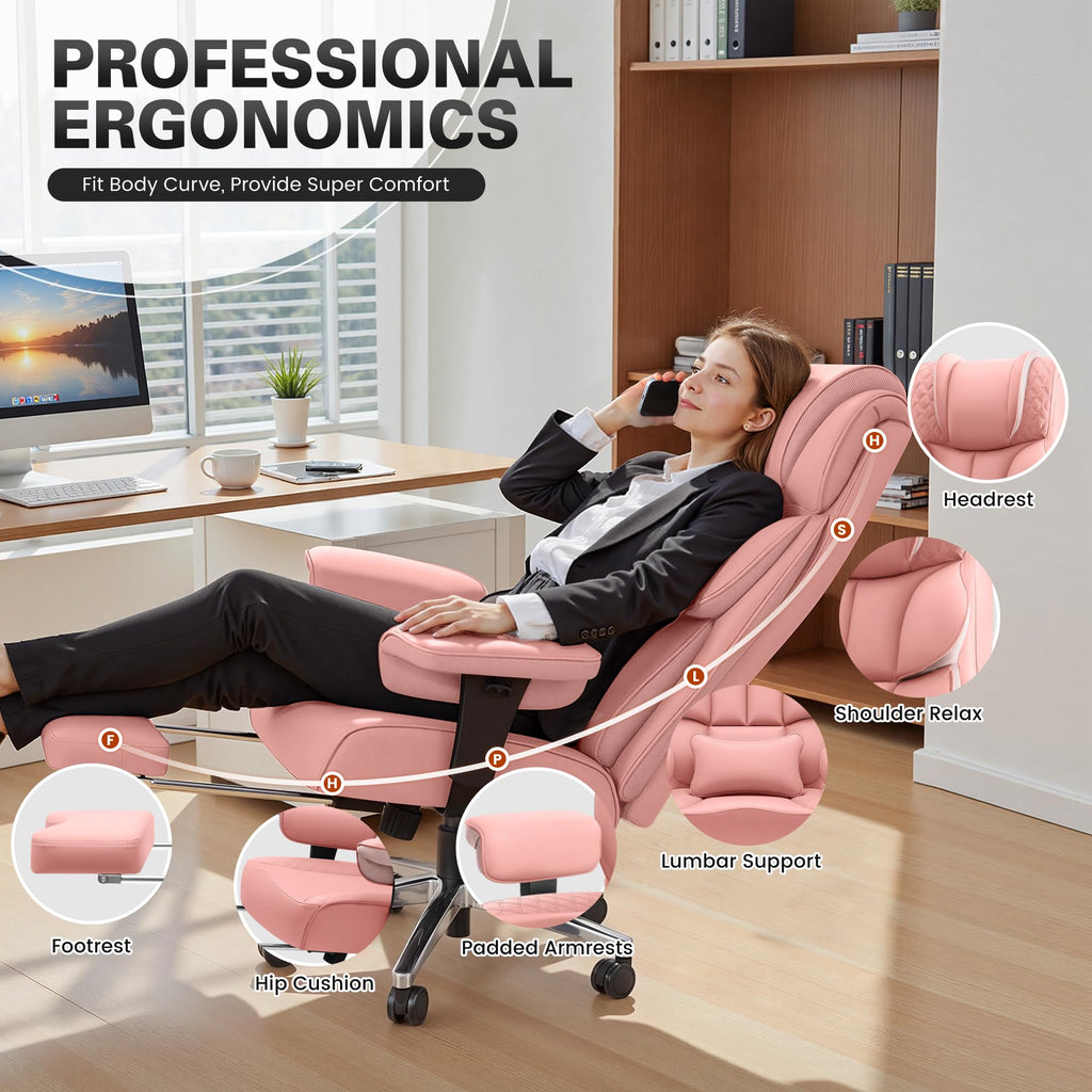 Office Desk Chair, Big and Tall Leather Gaming Chair with Footrest, Ergonomic Comfy Executive High-Back Reclining Computer Chairs, Wide Swivel Rolling Wheels and Padded Lumbar Support, Pink
