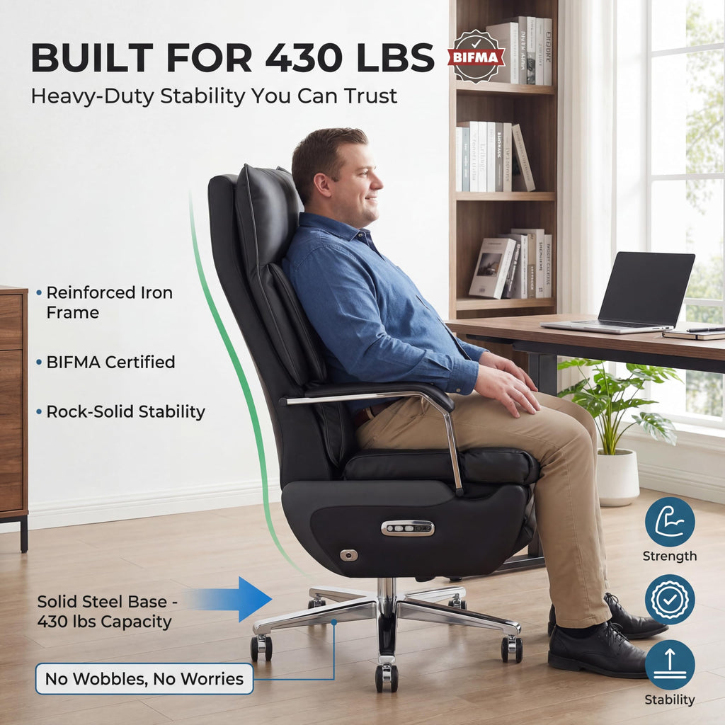 Dual Motor Executive Office Chair with Footrest, One-Touch Reset, 170° Reclining Wide Seat Ergonomic Leather Desk Chair, 450LBS Big and Tall for Home&Office (Black)