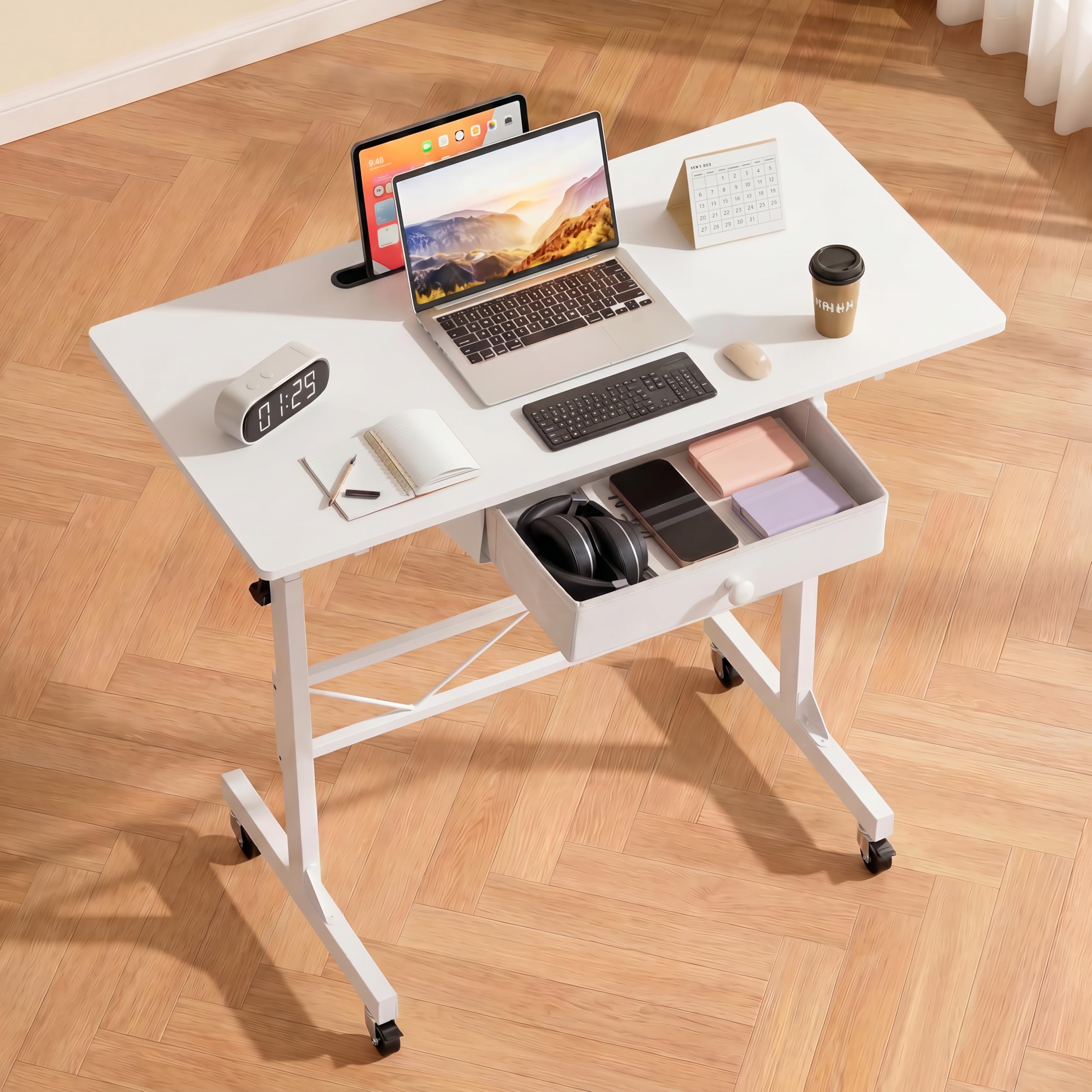 Portable Standing Desk Adjustable Height 30.7"-46.4", Standing Desk with Drawers, Mobile Rolling Computer Desk for Home Office Work and Walking Pad Treadmill, Carbon Fiber White