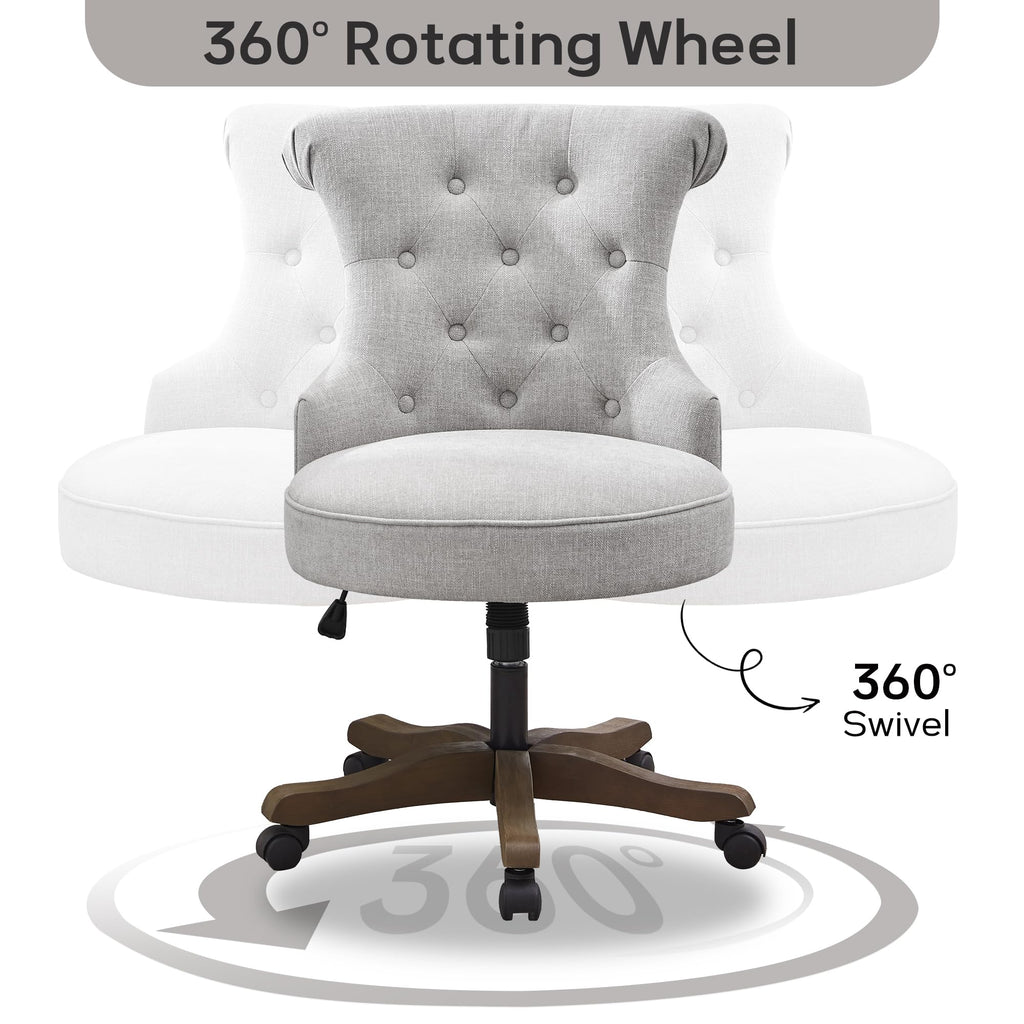 Home Office Chair Upholstered Armless Desk Chair with Wheels Adjustable Height Computer Desk Chair with Wooden Legs Linen Comfortable Swivel Chairs for Home Office Study Studio (Light Grey)