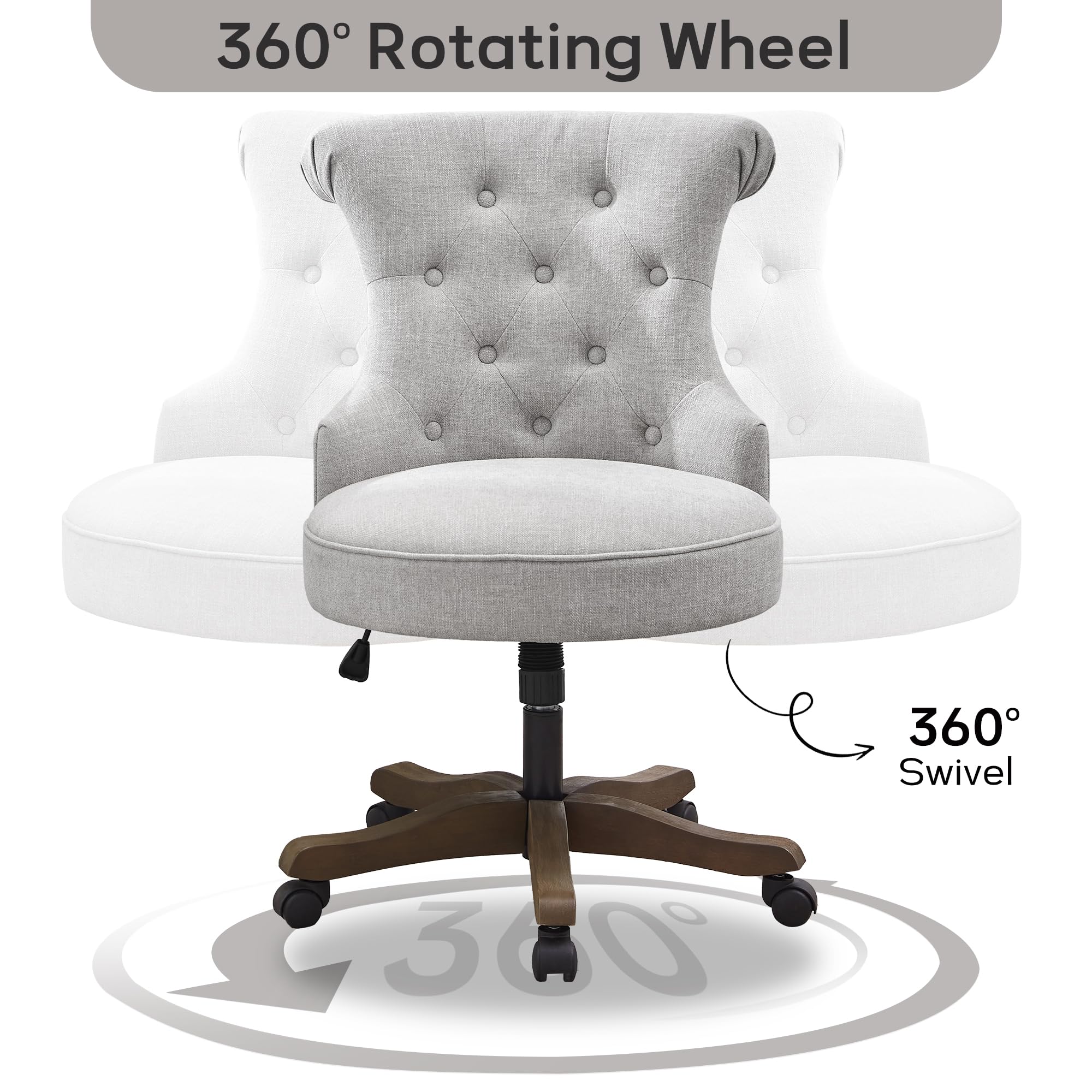 Home Office Chair Upholstered Armless Desk Chair with Wheels Adjustable Height Computer Desk Chair with Wooden Legs Linen Comfortable Swivel Chairs for Home Office Study Studio (Light Grey)