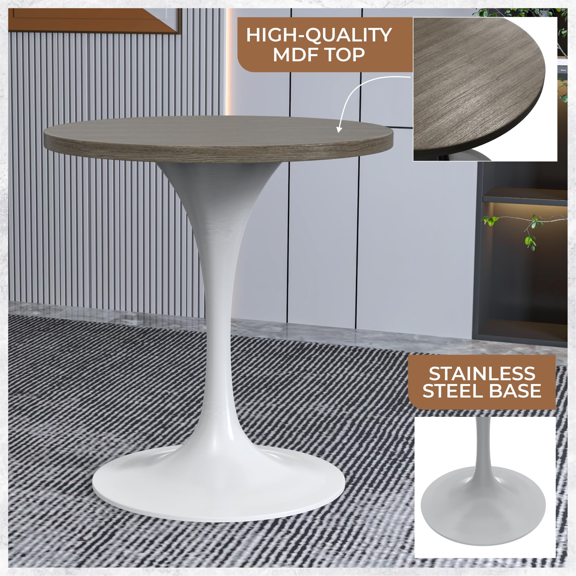 LeisureMod Verve Mid-Century Modern 27 Inch Round Dining Table, MDF Wood Tabletop with White Steel Pedestal Base, Contemporary Kitchen & Dining Room Table, Small Space Breakfast Table, Dark Maple
