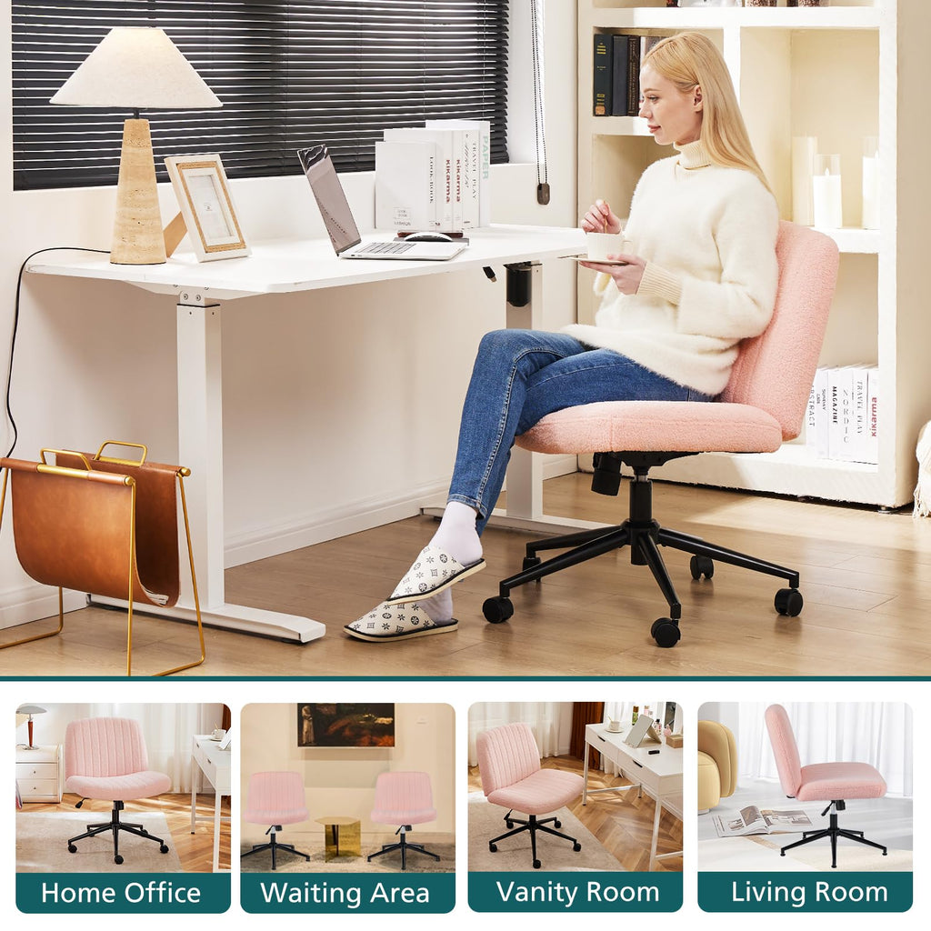 Criss Cross Chair with Wheels Wide Cross Legged Office Desk Vanity Chair Comfy Fabric Armless Adjustable Swivel for Home Computer Task Teddy Pink