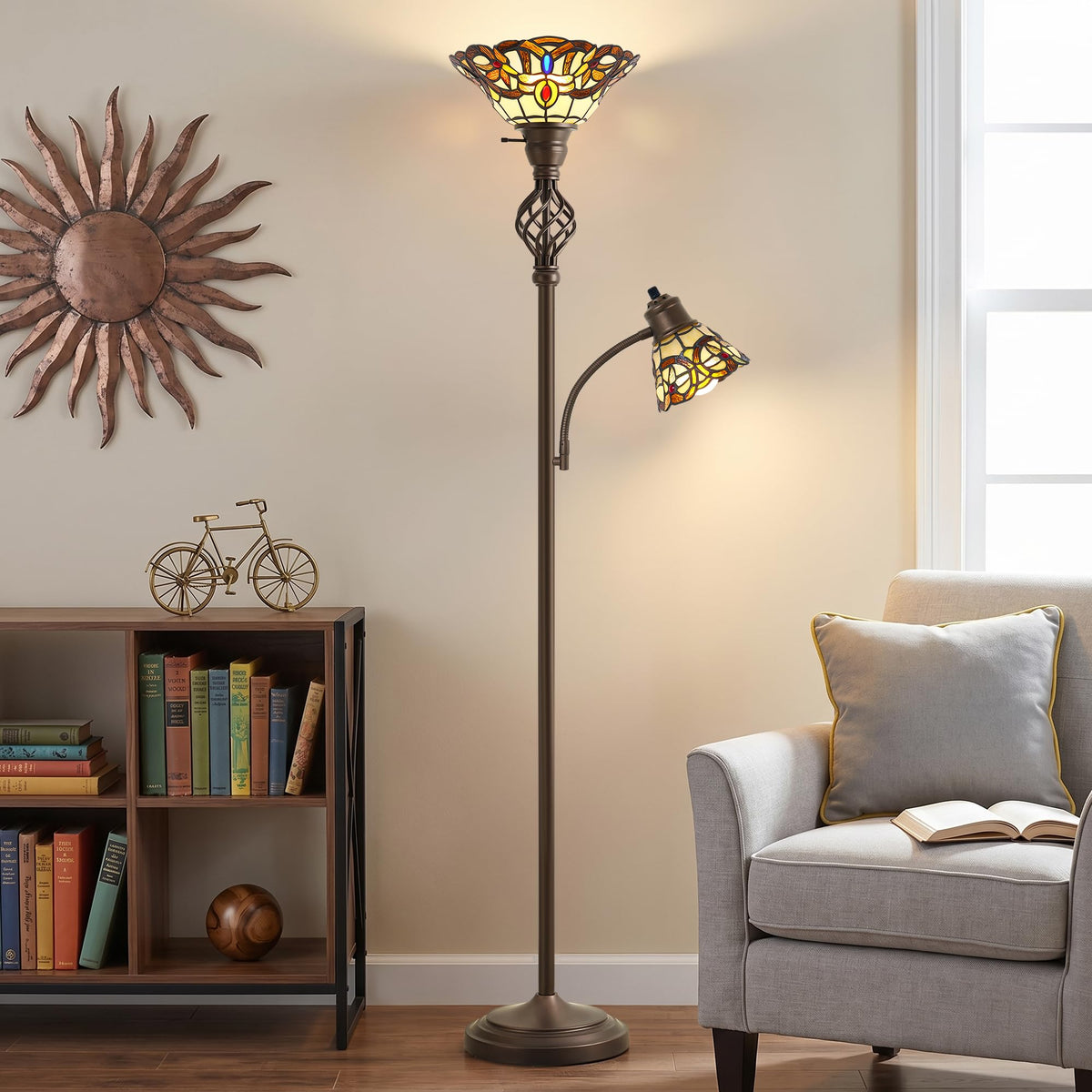 Torchiere Floor Lamp for Living Room, Tiffany-Style Reading Light