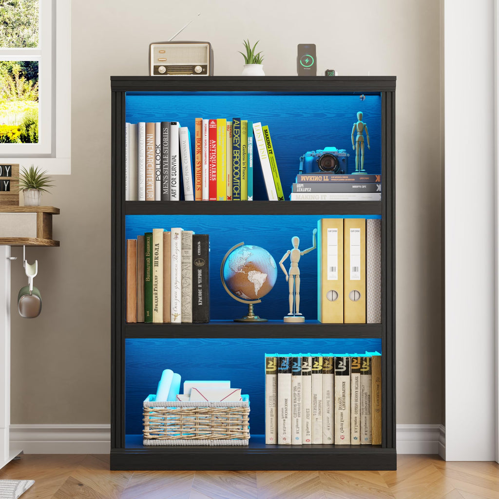 Modular LED Bookshelf with 3 Tiers, Motion Sensor and USB Charging - Black