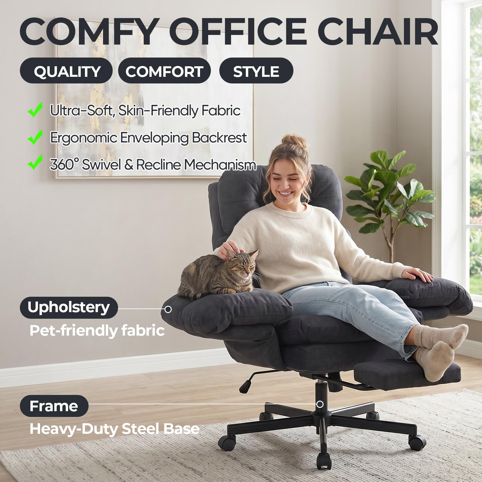 Criss Cross Office Chair with Foot Rest, Big and Tall Office Desk Chair with Flip Armrests for Pets & Cross Legged Sitting, Comfy Executive Ergonomic Reclining Computer Gaming Vanity Chair, Grey