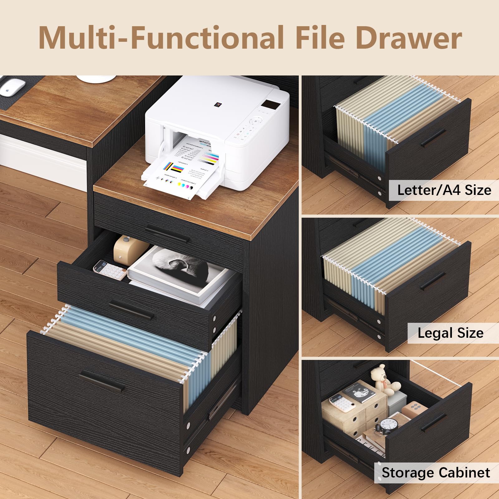 Computer Desk with 3 Drawers & Storage Shelves, 65 Inch Home Office Desk with File Drawer & Cabinet, Writing Study Desks with Monitor Stand & Printer Shelf, Executive Desk, Brown and Black
