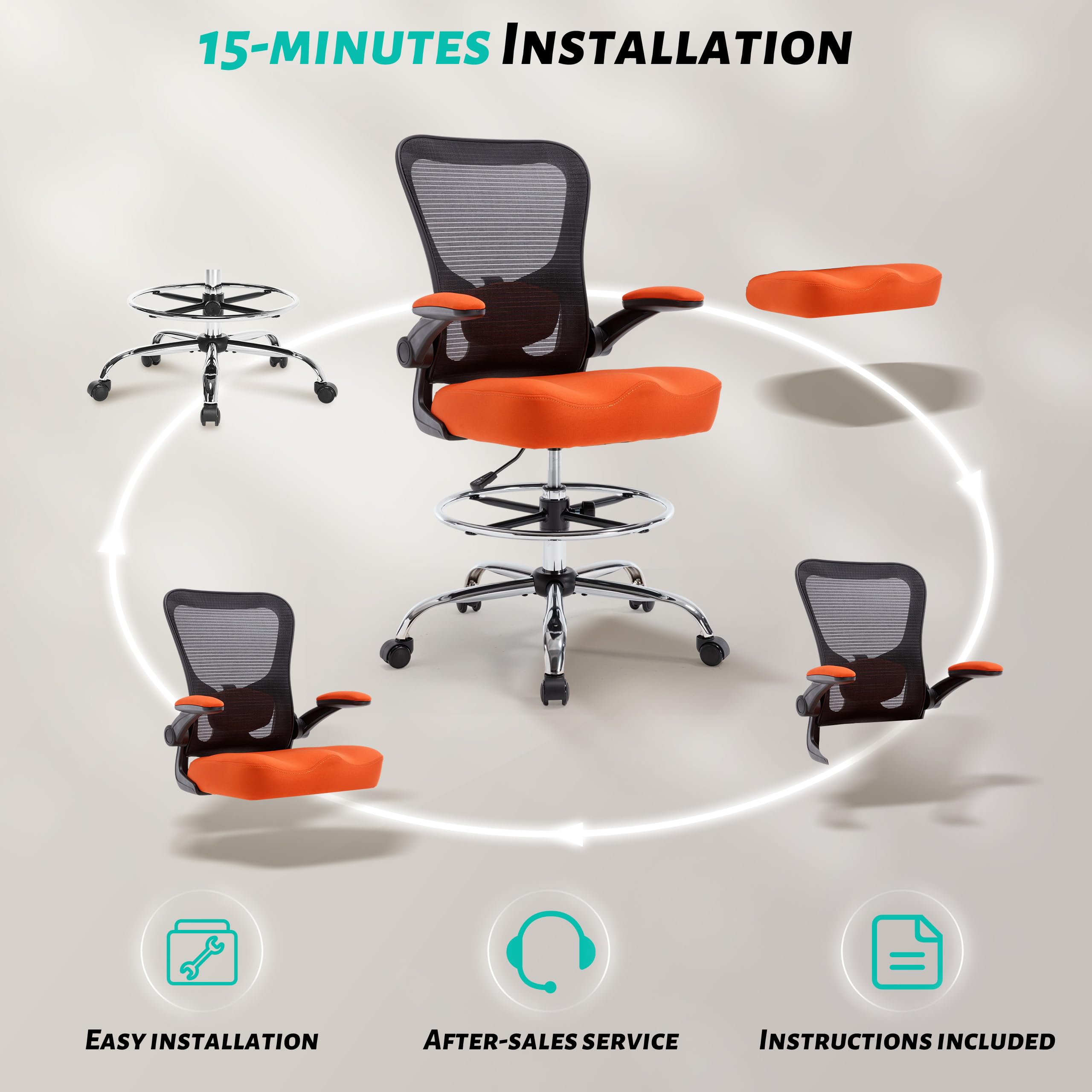 500LBS Ergonomic Drafting Chair Tall Office Chair for Counter Height or Standing Desk, Executive High Office Chairs with W-Shaped Thick Seat Cushion, Footrest Ring & Breathable Mesh, Orange