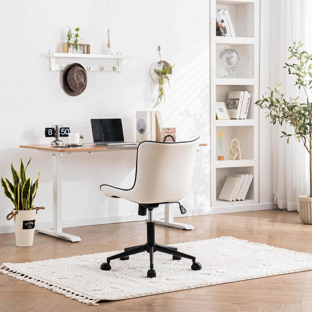 White Armless Office Chair Faux Leather Small Cute Desk Chair with 12° Rocking Back Adjustable Height Swivel Vanity Chair Ergonomic Compact Home Computer Rolling Task Chair for Small Spaces