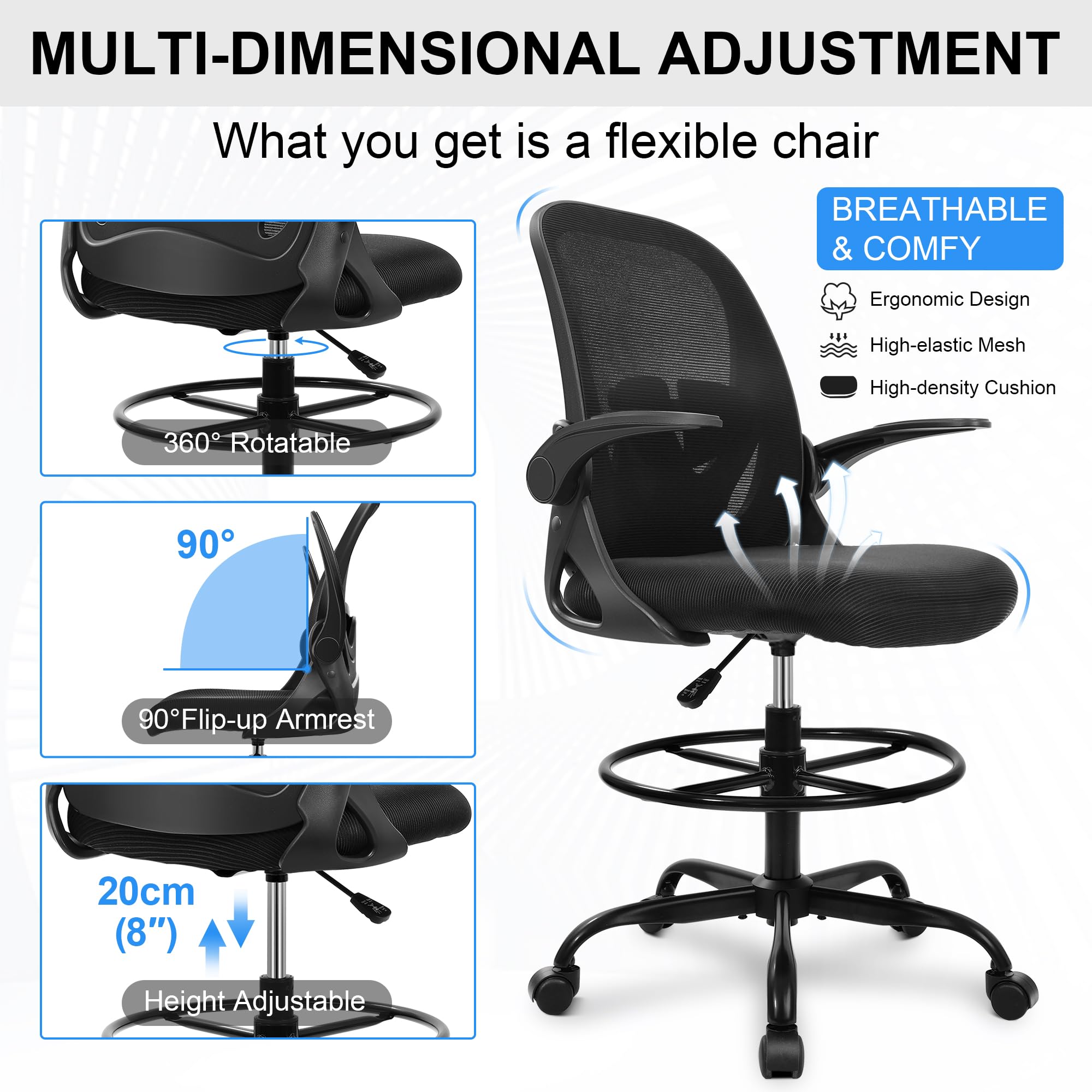 Drafting Chair Tall Office Chair with Flip-up Armrests Executive Ergonomic Computer Standing Desk Chair with Lumbar Support and Adjustable Footrest Ring (Black)