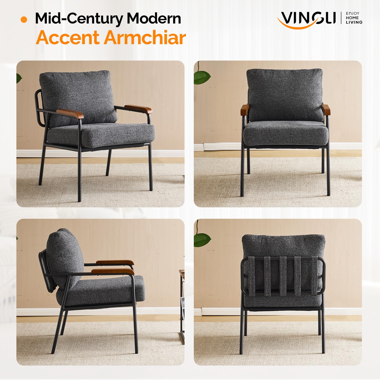 Mid-Century Modern Accent Armchair for Office, Small Comfy Upholstered Leisure Reading Chair with Wood Armrest for Office, Bedroom, Living Room, Waiting Room, Linen Grey