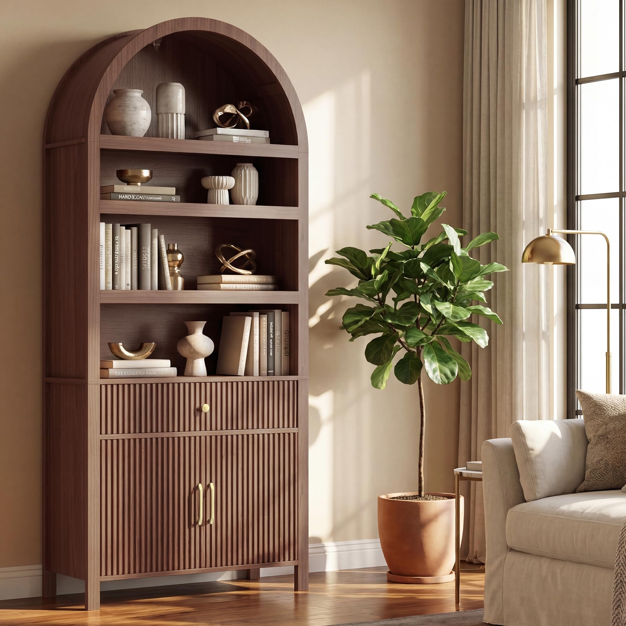 Book Shelf 70" Tall Bookcase with Drawer, 7-Tier Arched Cabinet with Storage and Fluted Door, Mid-Century Modern Modular Arch Bookshelf for Office Living Room Bedroom Library (Walnut, 2)