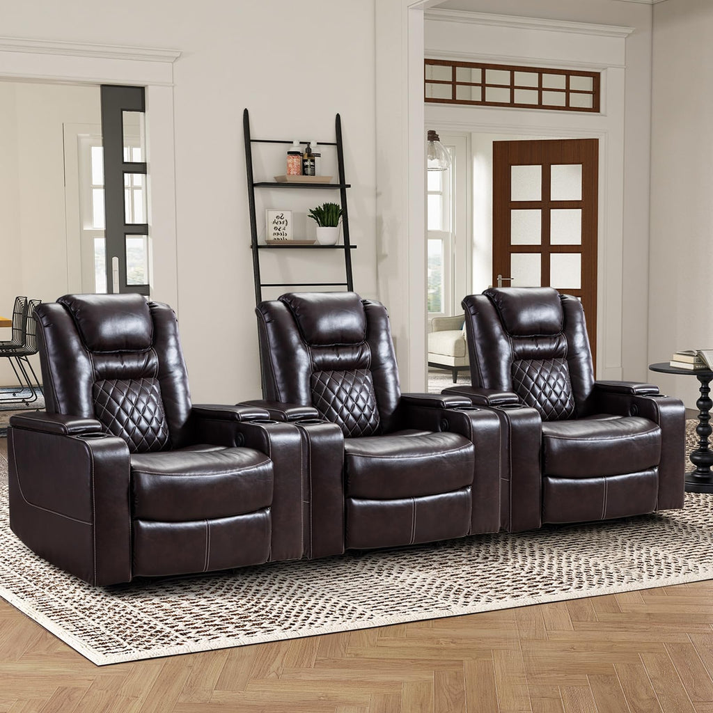 Electric Power Recliner Chair Set of 3, Breathable Leather Home Theater Seating with Hidden Arm Storage, Power Recliner Chair with USB Ports and Cup Holders for Living Room,Brown