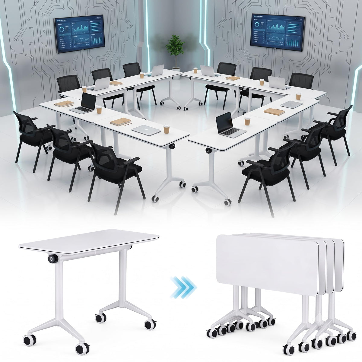 10 Pack Flip Top Training Table with Lockable Wheels, Mobile Nesting Folding Conference Table, Space Saving Seminar Desk for Classroom, Office, Library (White, 47"×16"×30")