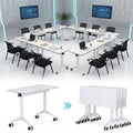 55″ Flip Top Training Table with Lockable Wheels, Mobile Nesting Folding Conference Table, Space Saving Seminar Desk for Classroom, Office, Library (12, White, 55"×20"×30")