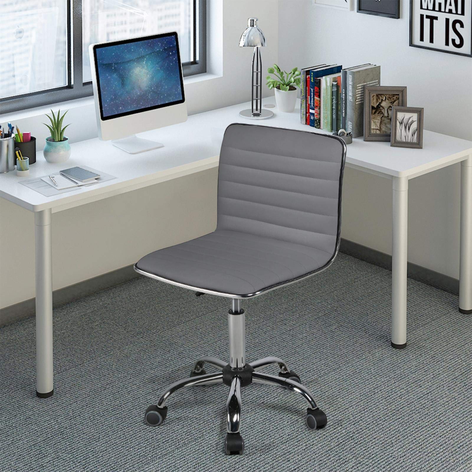 PU Leather Ribbed Armless Task Office Chair, Adjustable Low Back Executive Chair with Wheels Gray