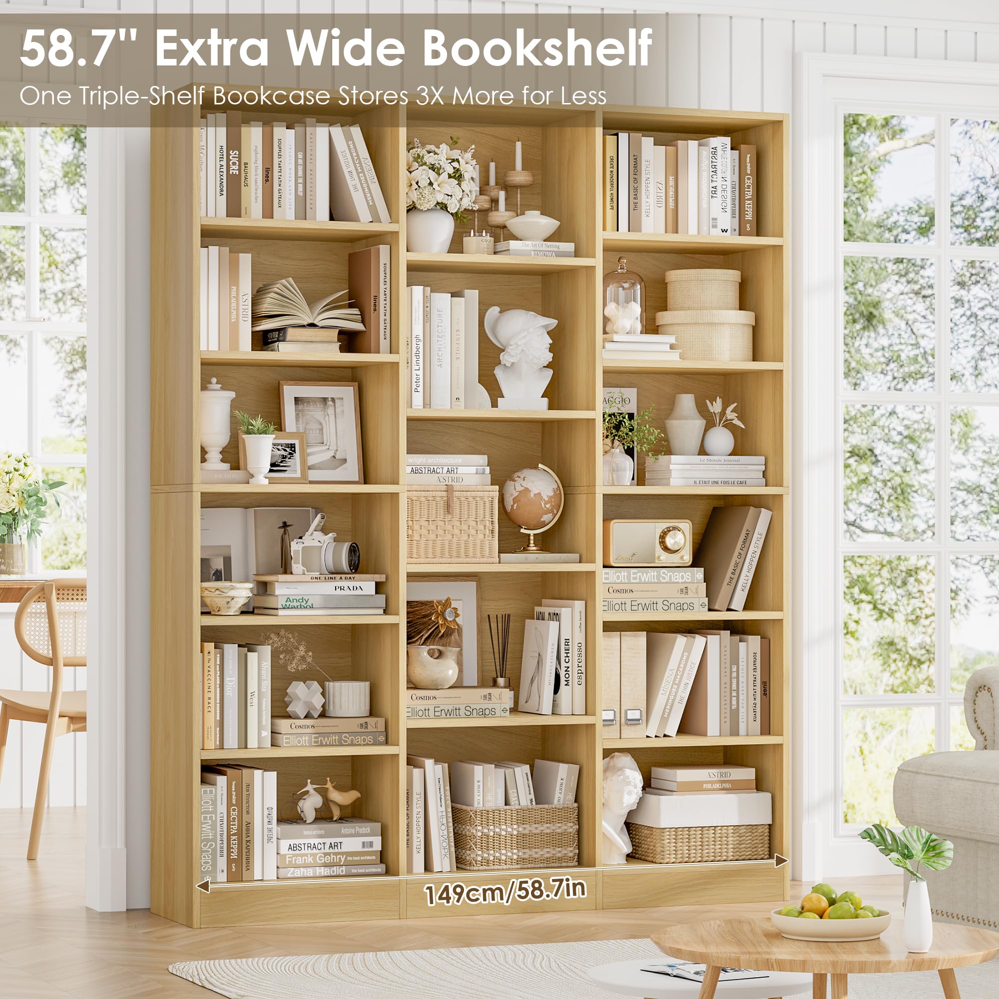 Triple Wide Bookshelf, Large Bookshelf with 17 Display Shelves