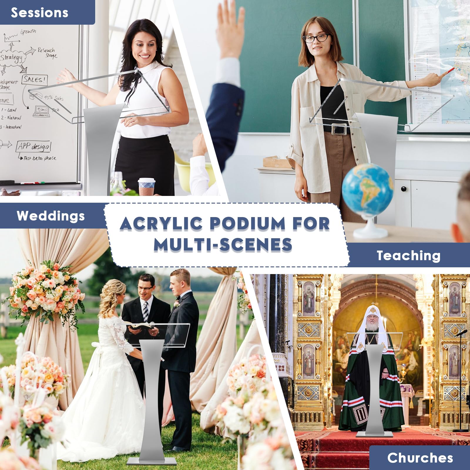 42.5" Pulpits for Churches, Acrylic Podium Stand with Iron Stable Bottom, Pulpit with 10MM Thickened Acrylic Countertop, Multi Function Lectern for Classroom Music Concert Conference