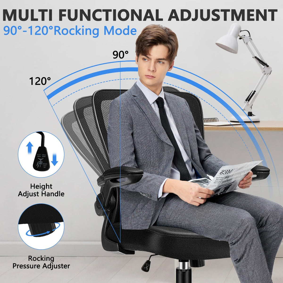 Desk Chairs with Wheels, Ergonomic Mesh Office Chair Adjustable Height and Swivel Lumbar Support Home Office Chair with Flip Up Armrests, Set of 14
